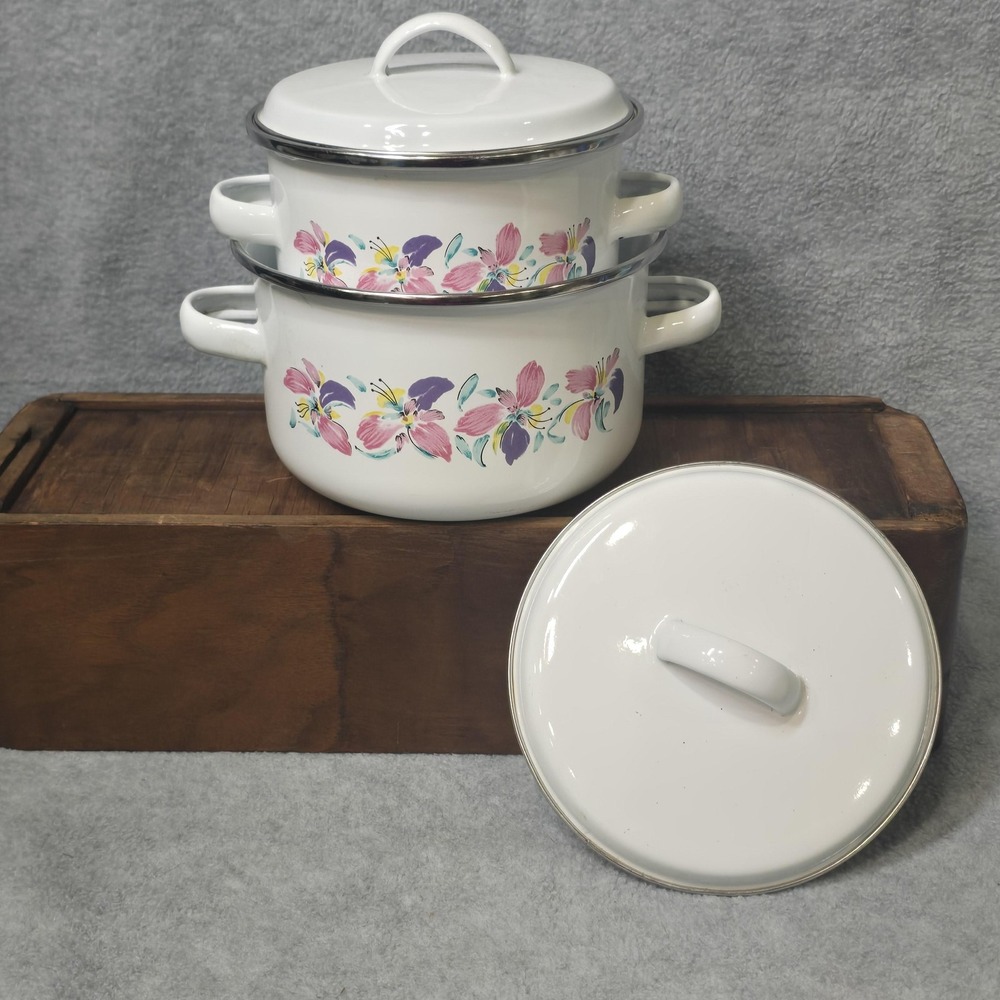 Vintage Enamelware Pots Set of 2 Floral Pink Purple White Lids Indonesia 80s